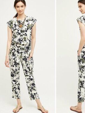 RANNA GiLL by ANTHROPOLOGIE White Black Floral Cap Sleeve Jumpsuit Romper Small